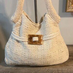 Inspiration Vintage Cream Knit Boho Style Shoulder Bag Wooden Buckle 14x10